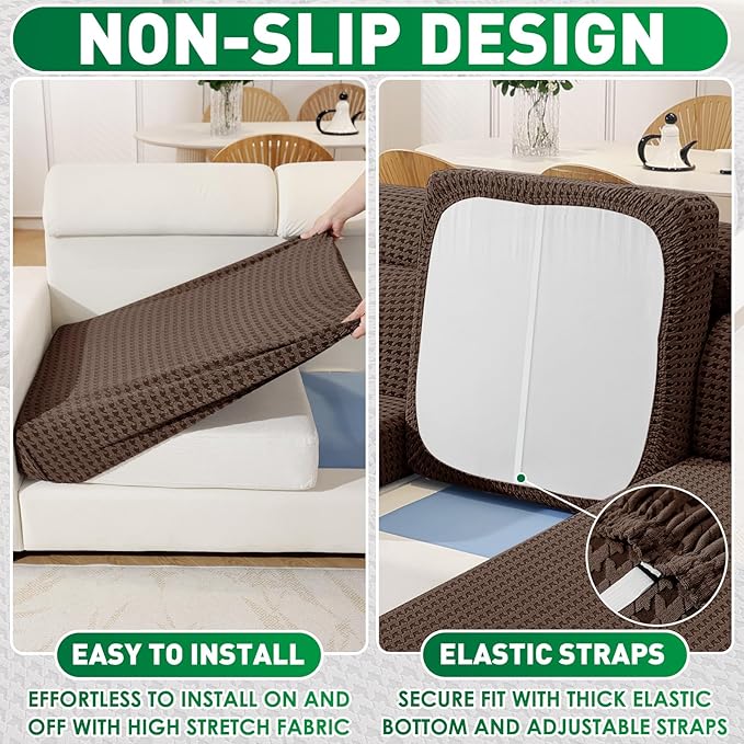 MAXIJIN Couch Cushion Covers for Sectional Sofa, Stretch Sofa Cushion Cover Washable Furniture Protector with Elastic Bottom & Non-Slip Strap for Pets Kids (1PC Seat Cover, Brown)