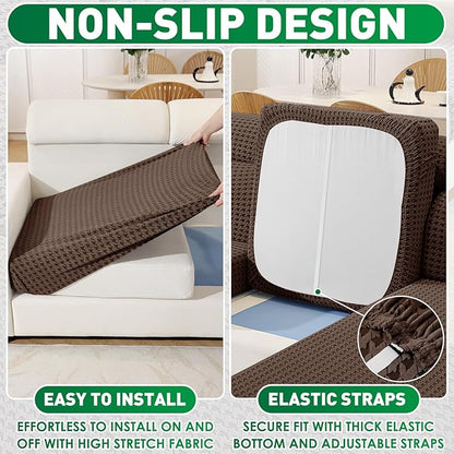 MAXIJIN Couch Cushion Covers for Sectional Sofa, Stretch Sofa Cushion Cover Washable Furniture Protector with Elastic Bottom & Non-Slip Strap for Pets Kids (1PC Seat Cover, Brown)