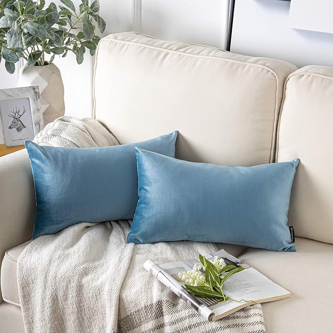 Phantoscope Pack of 2 Velvet Decorative Throw Pillow Covers Soft Solid Square Cushion Case for Couch Blue 12 x 20 inches 30 x 50 cm