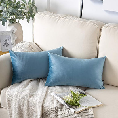 Phantoscope Pack of 2 Velvet Decorative Throw Pillow Covers Soft Solid Square Cushion Case for Couch Blue 12 x 20 inches 30 x 50 cm