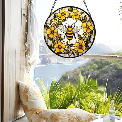 Stained Glass Window Hanging - Yellow Flowers Surrounded by Bees Sun Catcher for Door Garden Home Decor Cute Suncatcher Christmas Mother's Day Birthday Gifts for Women Men Mom Nana 6.3 in