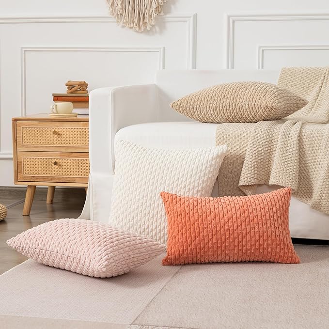 Kevin Textile 16x24 Inch Pillow Cover 1 Pack Boho Decorative Soft Striped Corduroy Lumbar Farmhouse Solid Color Accent Rectangle Cushion Case for Living Room Couch Sofa Bed, Beige