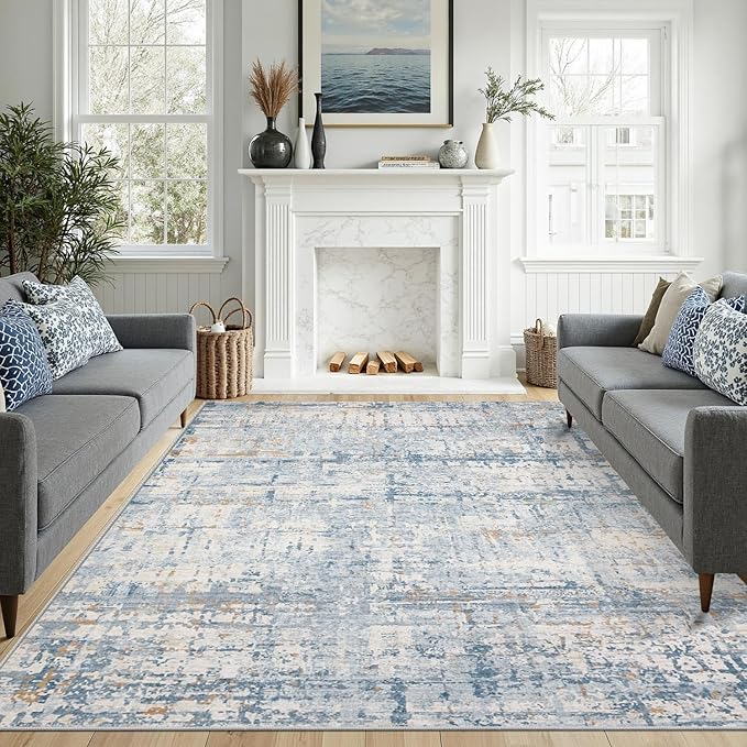 Blue 8x10 Area Rugs,Large Soft Rugs for Living Room, Blue Washable Rug, Modern Abstract Rugs for Bedroom Dining Room, Non-Slip Foldable Thin Indoor Carpet Stain Resistant(Blue Beige)