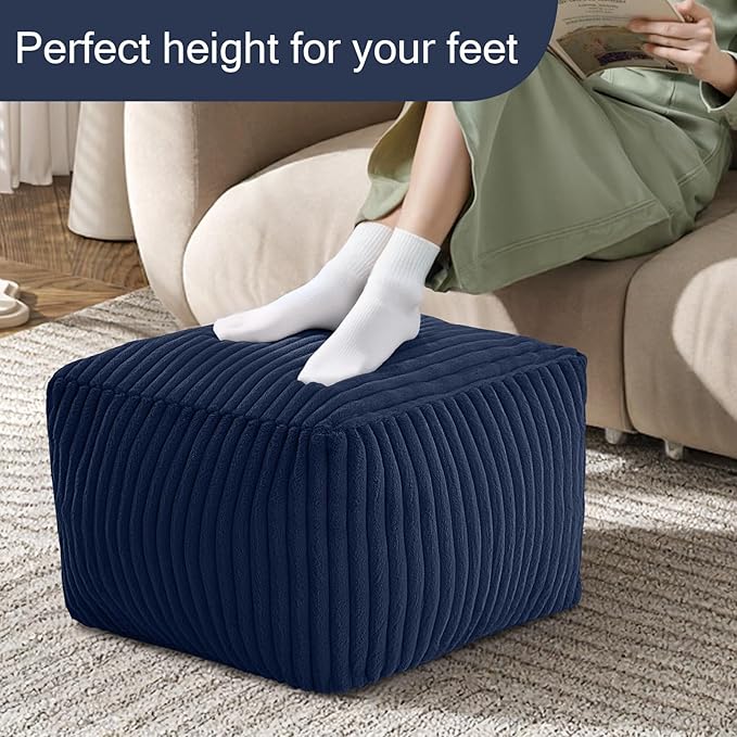 MeMoreCool Square Stuffed Pouf Ottoman Foot Rest, Stripe Furry Floor Pouf Foot Stool with Foam Chunk Filling, Soft Fluffy Stuffed Ottoman Footrest for Living Room, Faux Fur Navy