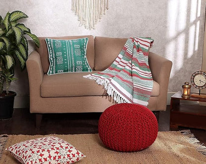 REDEARTH · Round Pouf Ottoman - Hand Knitted Boho Poof Home Décor Pouffe Circular Footrest for Living Room - Bedroom - Lounge - 100% Cotton (19.5"x19.5"x14") - Red, Set of 2