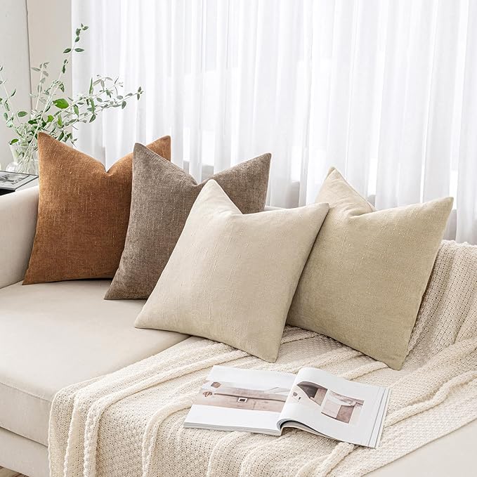 MIULEE Pack of 2 Decorative Throw Pillow Covers Soft Chenille Throw Pillows Solid Textured Cushion Covers for Couch Sofa Bedroom Living Room 20x20 Inch, Beige