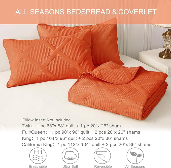 Exclusivo Mezcla Twin Size Quilt Set - Burnt Orange Quilts Bedding Set with 2 Pillow Shams, Modern Bedspread with Striped Pattern, Soft Lightweight Bedspreads Coverlets for All Seasons