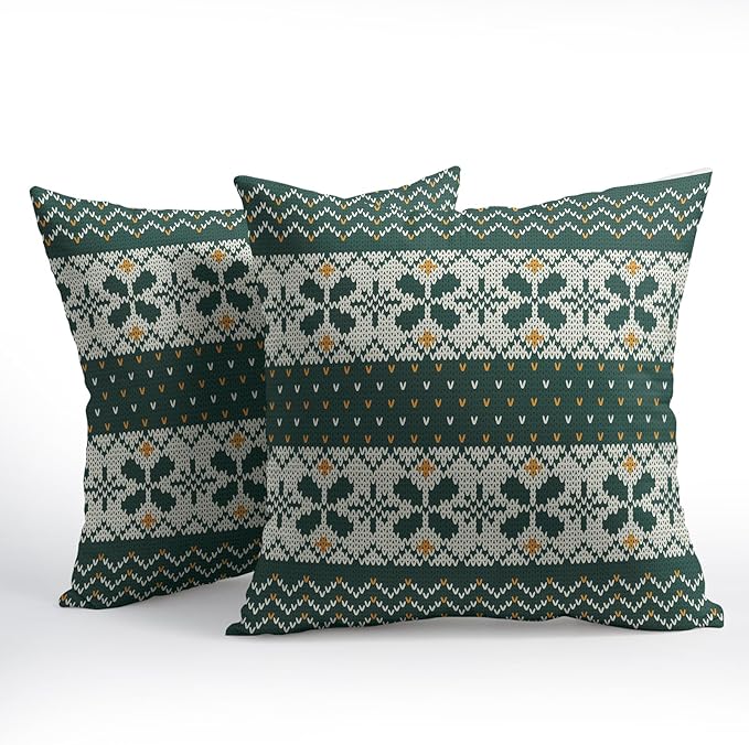 Dark Green Christmas Pillow Covers 16x16 Set of 2 Xmas Floral Pattern Rustic Decorative Outdoor Farmhouse Zipper Pillowcases Decorations Winter Holiday Throw Cushion Cover Decor for Couch Sofa Bed
