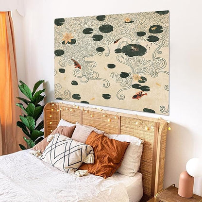 Lifeella Japanese Tapestry, Koi Pond Tapestry, Abstract Lotus Lily Wall Hanging, Zen Nature Aesthetic Art Wall Decor for Bedroom Living Room Dorm, Beige 44x60 inches