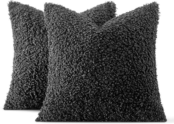 MIULEE Pack of 2 Throw Pillow Covers 18x18 Inch Neutral Black Faux Fur Decorative Sherpa Pillow Covers Fuzzy Accent Soft Sheepskin Fleece Cushion Cases for Boho Home Decor Couch Living Room Bed