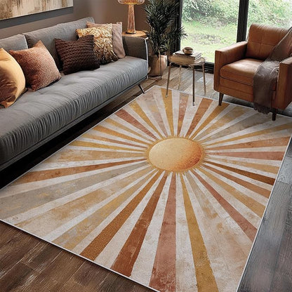 Boho Sun Throw Rug, 2x3 Doormat Abstract Striped Bohemian Vintage Pattern for Entryway, Bedroom, Kitchen, Boho Sun Home Decor Accessories Indoor Door Mat, Non Slip & Machine Washable