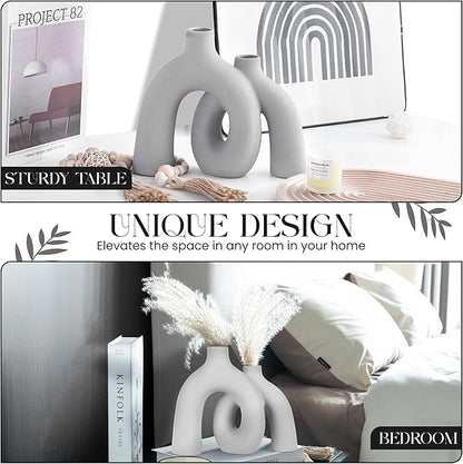 Ceramic Hug Vase (Soft Gray) Modern Donut Style Hugging Vases for Flowers Minimalist Decor – Hollow Ceramic Waterproof Home Decor Vases for Living Room, Bed Room, Book Shelf, Entryway Table.
