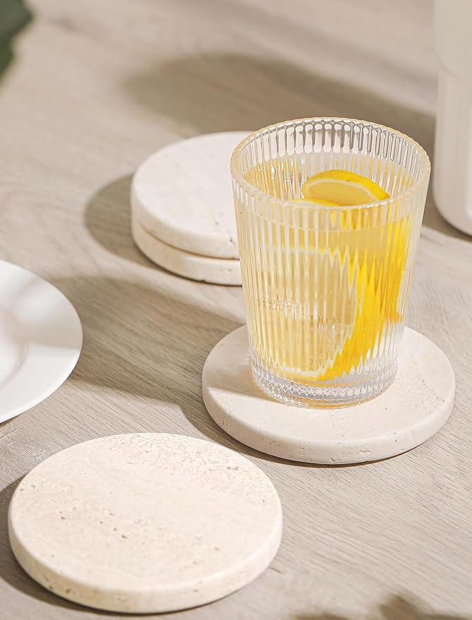 White Travertine Coasters - Set of 4 Round 4” Diameter Drink Marble Coasters for Housewarming Gift, Anniversary, Office - Protect Countertops from Stains - Sturdy and Durable Aesthetics