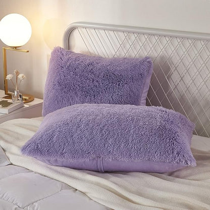 Uhamho Set of 2 Standard Faux Fur Throw Pillow Covers Soft Velvet Decorative Pillowcases Zipper Closure (Lilac, 20"x26")
