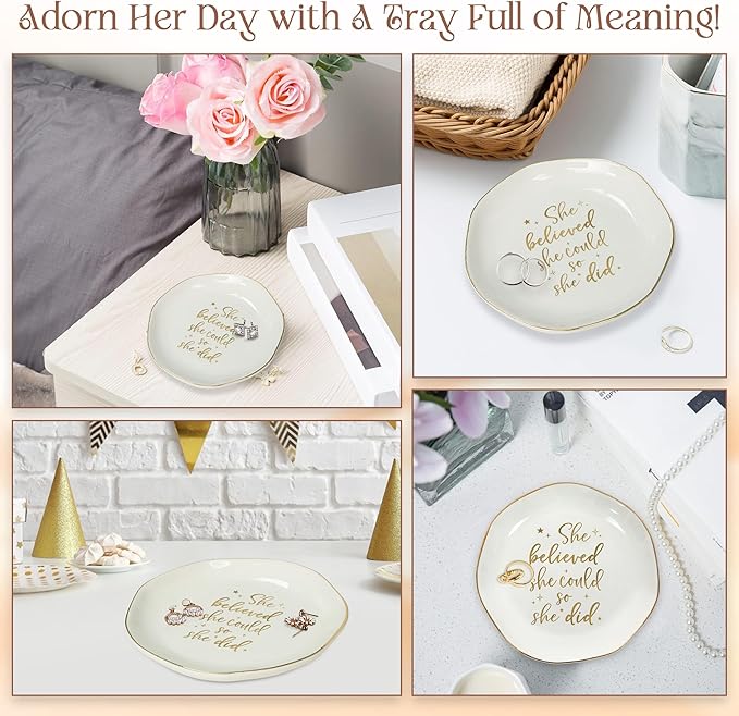 OASSIE Graduation Gifts for Her - 4"x4" Round-Shaped Ceramic Jewelry Dish Tray - Christmas Thank You Inspiration College High School Graduation Gifts for Her Friends Sister Women