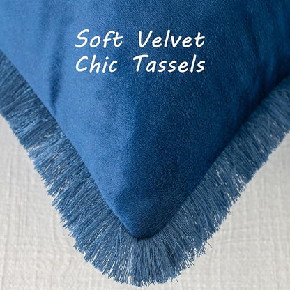 FUTEI Navy Blue Velvet Decorative Throw Pillow Covers 16x16 Set of 2,Soft Cozy Edge with Tassels Cushion Case,Boho Modern Home Decor for Couch Bed Living Room