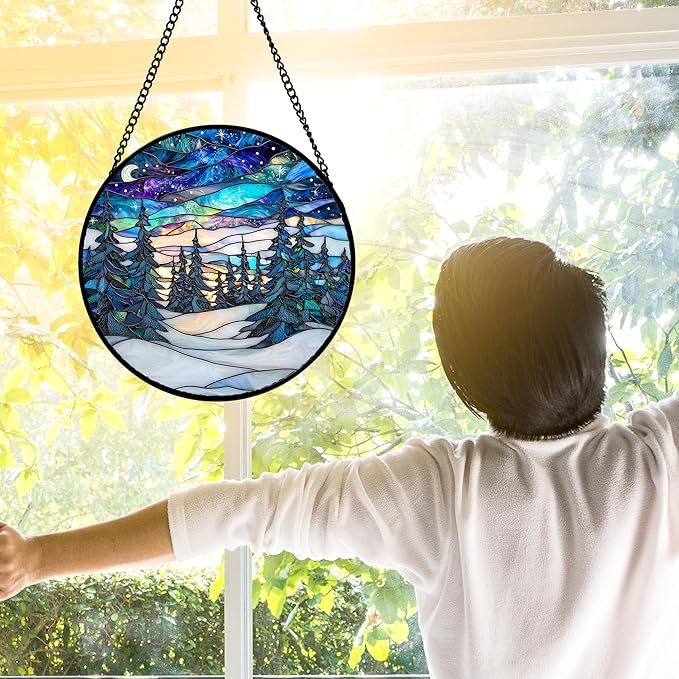 DASTOLL Stained Glass Window Hanging, Starry Sky Trees and Snow Sun Catchers Glass Panel Blue Suncatcher Decor for Birthday for Women, Men, Wife, Aunt, and Mom 9.8 in