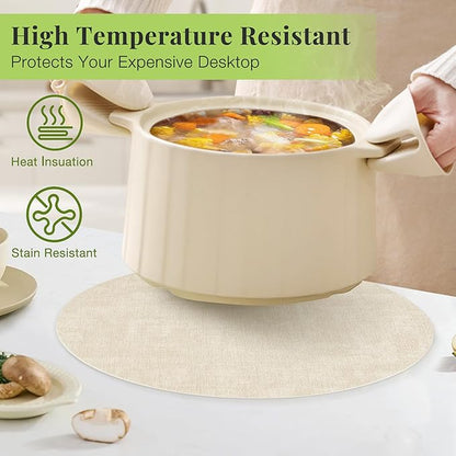 13-Inch Faux Leather Round Placemats Set of 8, Waterproof Anti-Slip Dual Sided Place mats, Heat Resistant Washable Table Mats with Coaster, Suitable for Indoor & Outdoor (8, Black Beige)