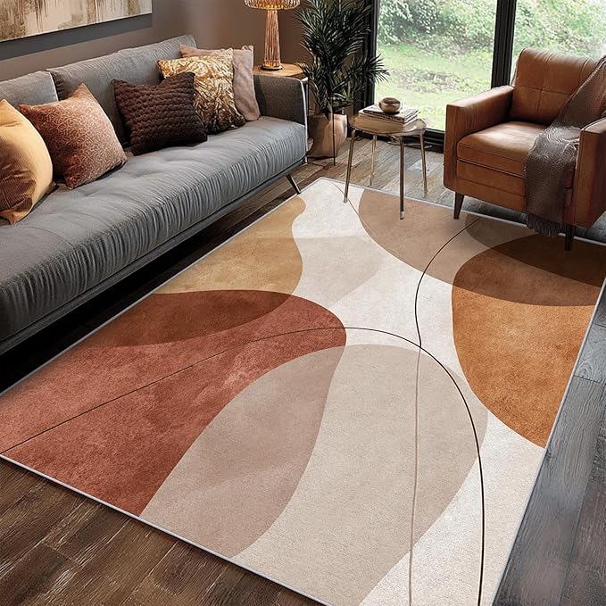Boho Abstract Rug, 7x9 Area Rugs Geometric Line Minimalist Pattern for Living Room, Bedroom, Boho Abstract Home Decor Accessories Indoor Carpet, Non Slip & Machine Washable