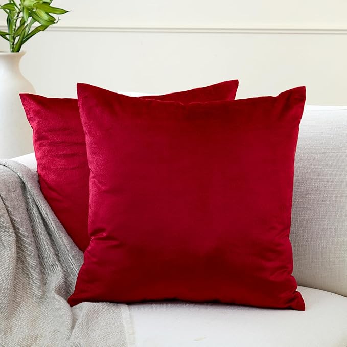 Encasa XO Velvet Throw Pillow Covers 20x20 in (50x50 cm) - Red - Set of 2 No Inserts, Only Pack of 2 Cases | Soft Square Decorative Euro Shams Cushion Cover for Couch, Sofa