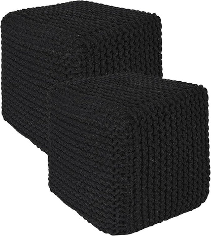 REDEARTH · Cube Pouf Foot Stool Ottoman - Hand Knitted Poof - Cord Boho Pouffe - Home Décor - Stuffed Footrest for Living Room - Bedroom - Covered Patio (16" x 16" x 16") - Black, Set of 2