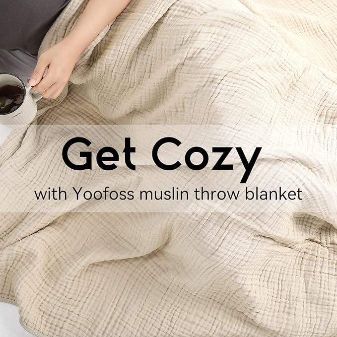 Yoofoss Muslin Blanket 100% Organic Cotton Throw Large 90" x 108" for Bed Couch Summer Gauze Blanket for Adults Lightweight and Breathable Apricot White