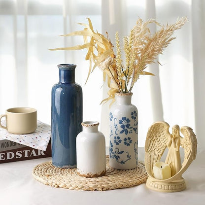 Ceramic Vases Set of 3, Blue and White Flower Decorative Vase for Farmhouse Shelves, Rustic Vase for Table Bookshelf, Living Room