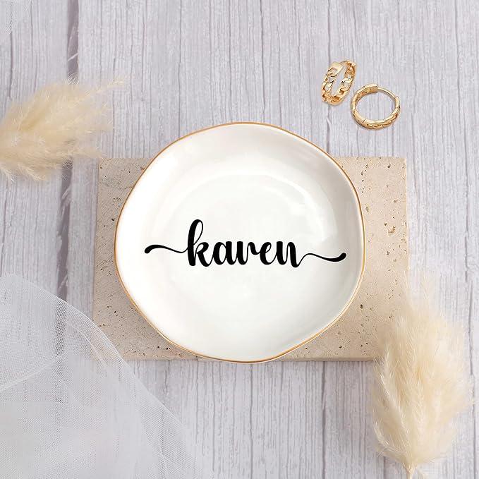 JoycuFF Karen Personalized Name Ceramic Jewelry Tray, Mothers Day Christmas Anniversary Engagement Birthday Gifts for Women Couples, Trinket Dish for Rings Earrings Necklaces Bracelets Keys