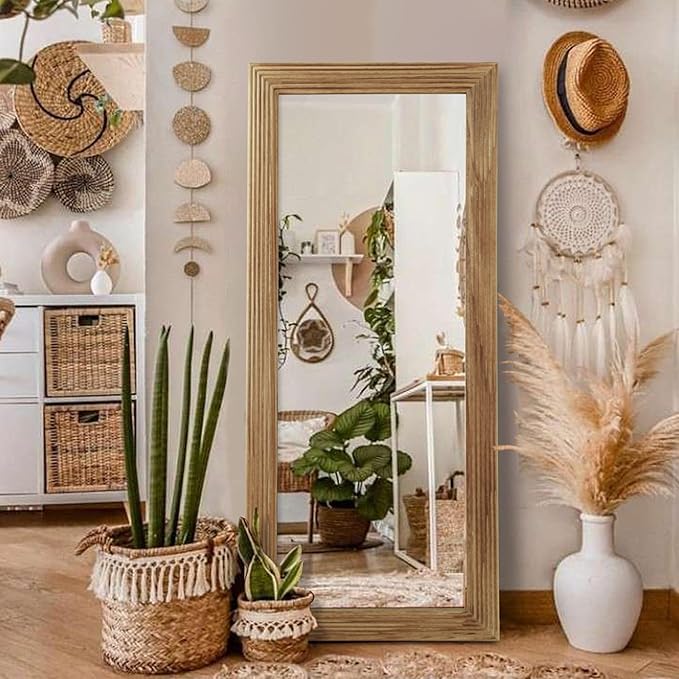 LOSOUR Full Length Mirror, 53"x22" Farmhouse Rectangular Wood Floor Length Leaning Mirror, Rustic Wall Decor for Bedroom, Living Room, Hallway, Entrayway, Bathroom (1, Brown, 53"x22")