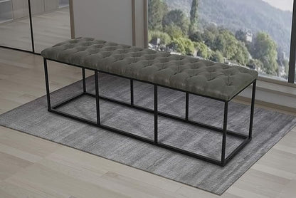 HomePop Upholstered Button Tufted Decorative Bench with Metal Base, Gray Faux Leather