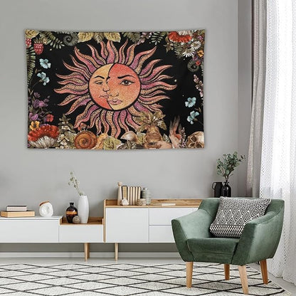 Vintage Sun Tapestry,Boho Hippie Mushroom Plant Botanical Sun and Moon Art Tapestries Wall Hanging for Dorm Living Room Bedroom Decor(60"x90")