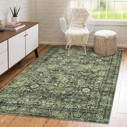 Morebes Area Rug 4x6 Vintage Washable Boho Rugs for Bedroom, Soft Living Room Carpet Non-Slip Non-Shedding Faux Wool Rug for Farmhouse Dining Room Indoor Kids Playroom, Grayish Green