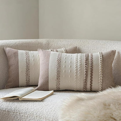 Boho Throw Pillow Covers 12x20 Inch Set of 2, Khaki Textured Decorative Couch Pillow Cases for Farmhouse Home Decor, Accent Cushion Cover for Sofa, Bed, Living Room, Bedroom