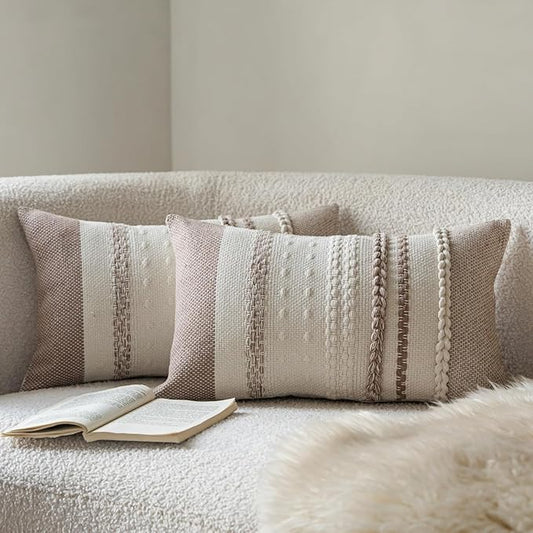 Boho Throw Pillow Covers 12x20 Inch Set of 2, Khaki Textured Decorative Couch Pillow Cases for Farmhouse Home Decor, Accent Cushion Cover for Sofa, Bed, Living Room, Bedroom