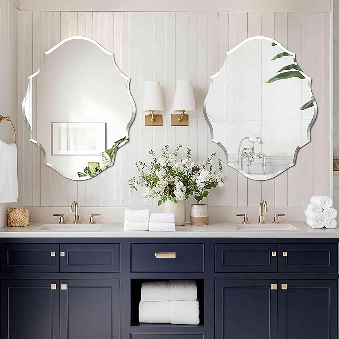 Frameless Scalloped Wall Mirror: Decorative Scallop Oval Mirrored Glass Vanity with Beveled Silver Edge for Bathroom Bedroom Livingroom Dining Room Entryway Hallway, 28 x 22 inch