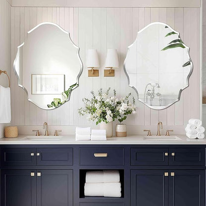 Frameless Scalloped Wall Mirror: Decorative Scallop Oval Mirrored Glass Vanity with Beveled Silver Edge for Bathroom Bedroom Livingroom Dining Room Entryway Hallway, 28 x 22 inch