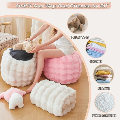 LIFEREVO Faux Rabbit Fur Round Inflatable Pouf Ottoman, 20" X 16" Shaggy Waffle Bubble Floor Poufs Foot Rest Living Room Bedroom, Furry Pouf Chair Foot Stool Couch Home Decor, Anti-Slip, Light Grey
