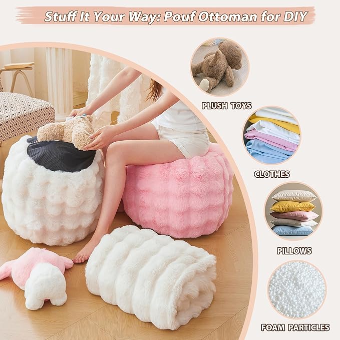LIFEREVO Luxury Faux Rabbit Fur Round Inflatable Pouf Ottoman, 20 X 16 Fluffy Plush Waffle Bubble Floor Poufs Foot Stool Rest Anti-Slip Furry Foldable Ottoman Seat for Home Decor Kids Adults, White
