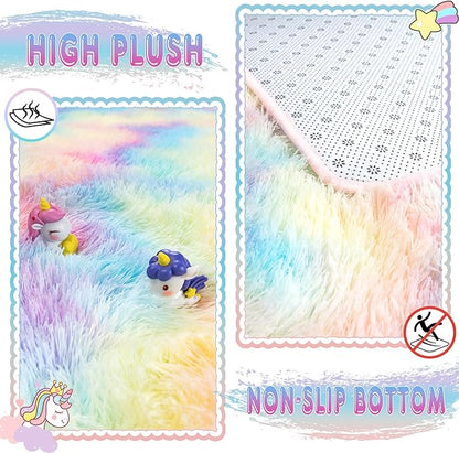Ultra Fluffy Area Rugs for Living Room Bedroom, 6x9 Fuzzy Large Living Room Rugs, Thick Shag Rug for Dorm, Soft Non Slip Kids Girls Boys Rug for Home Decor Aesthetic, Rainbow