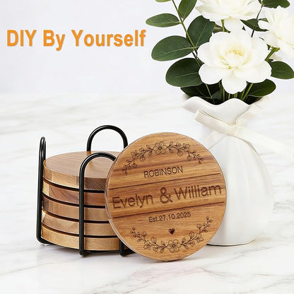 Yoption 6 Pcs Wood Coasters for Drinks with Bottle Opener and Holder, Acacia Wooden Cup Coaster with Non-Slip Pad for DIY Crafts, Coffee Table, Dining Table Home Christmas Decor, 4 Inches