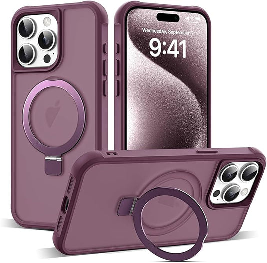 Compatible with iPhone 15 Pro Max Case with Invisible Magnetic O-Ring Stand Military-Grade Translucent Case for iPhone 15 ProMax 6.7" [Compatible with Mag-Safe][Great Grip Feeling], Wine Red