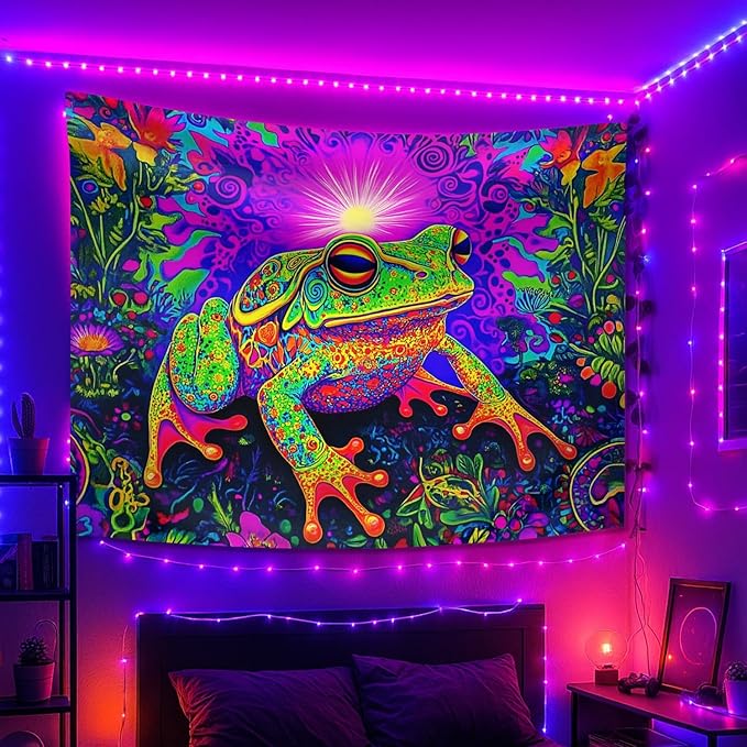 seewan Black Light Frog Tapestry, Glow-in-the-Dark UV Neon Psychedelic Toad with Sunlight Tapestry, Psychedelic Abstract Natural Animal Art Tapestry, Bedroom Dorm Living Room Background Decor