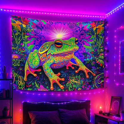seewan Black Light Frog Tapestry, Glow-in-the-Dark UV Neon Psychedelic Toad with Sunlight Tapestry, Psychedelic Abstract Natural Animal Art Tapestry, Bedroom Dorm Living Room Background Decor