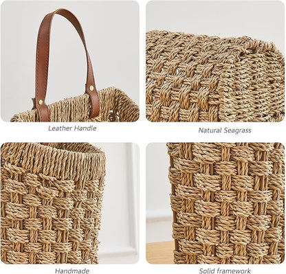 Woven Front Door Basket Seagrass Wall Hanging Basket Decorative Boho Mounted Organizer for Dried Flower Plants Storage Basket for Garden, Home, and Farmhouse Décor