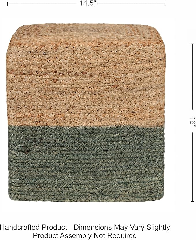REDEARTH · Cube Pouf Foot Stool Ottoman - Jute Braided Pouffe Poof Accent Sitting Footrest for The Living Room, Bedroom, Nursery, Patio, Lounge & Other Rooms (14.5”X14.5”X16”; Natural Olive)