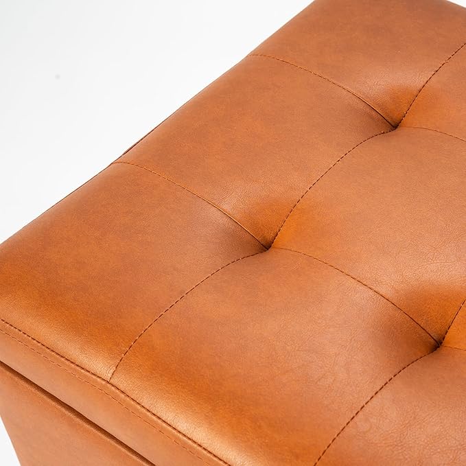 Adeco Small Faux Leather Storage Ottoman with Hinged Lid, 14 Inch High Square Cube Foot Stool with Storage, Upholstered Vanity Stool with Solid Wood Legs for Living Room, Bedroom, Dorm (Warm Orange)