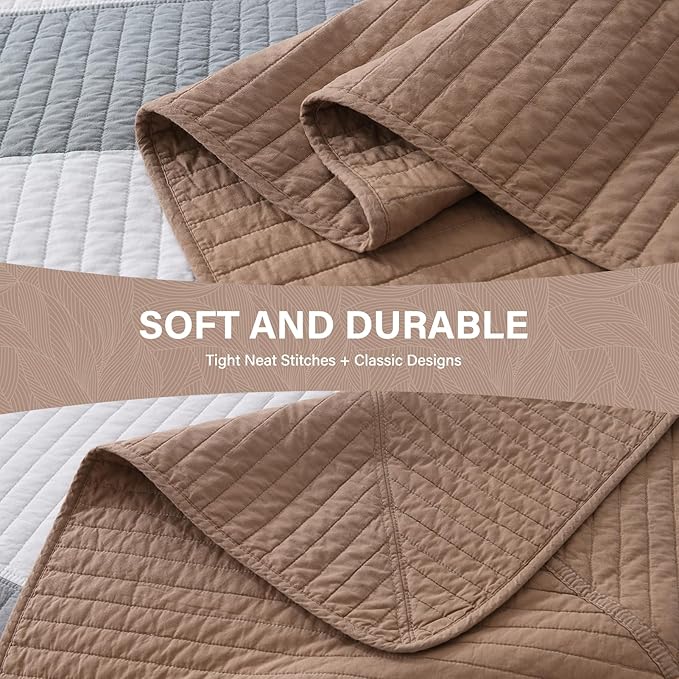 SahSahCasa 100% Cotton 120"x102" Oversized Bedspread Coverlet Quilt Set, Oversized Queen Quilted Bedspread Reversible Extra Large Quilt, XL Bed Spread Lightweight Comforter, 3pc, Brown/Gray/White