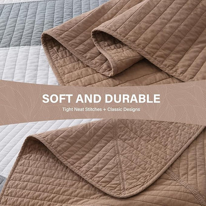 SahSahCasa 100% Cotton 120"x120" Oversized California King Bedspread Coverlet Quilt Set, Cal King Quilted Bedspread Extra Large Reversible XL Bed Spread Lightweight Comforter, Brown/Gray/White