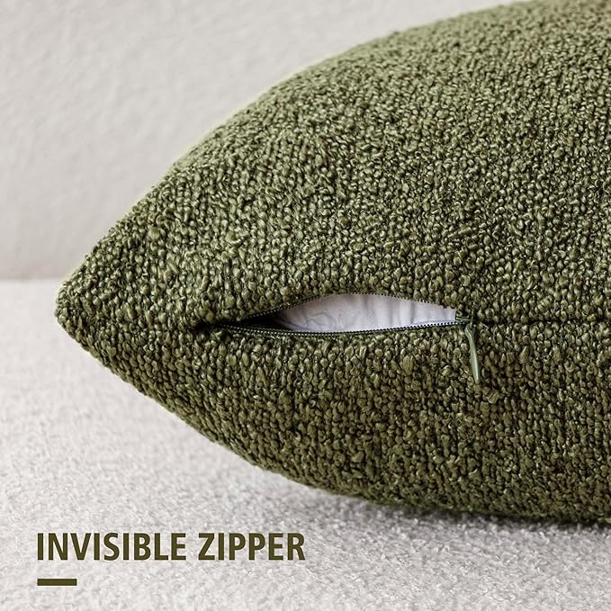 Foindtower Decorative Textured Boucle Throw Pillow Covers Accent Solid Pillow Cases Neutral Soft Cozy Couch Cushion Case for Chair Sofa Bedroom Living Room Home Decor 24x24 Inch,1PC,Moss Green