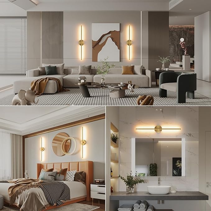 Wall Sconces Battery Operated Set of Two, Gold LED Wireless Wall Sconce with Remote Control 350° Rotate, 27.6 Inch Dimmable USB Rechargeable Wall Lights for Living Room Bedroom Hallway